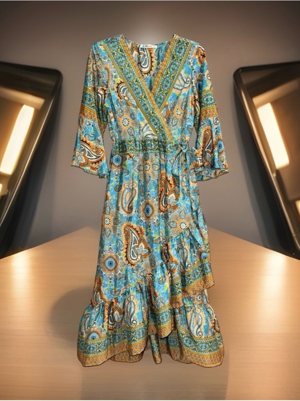 Lapogee Women’s Bohemian Blue Paisley Midi Dress w/Faux Tie Waist & Ruffles-M-EC